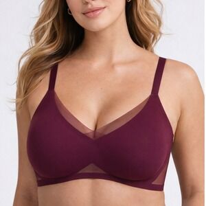 Honeylove Crossover Wireless Bra Women's 2X Fig Burgundy Mesh Supportive Comfort